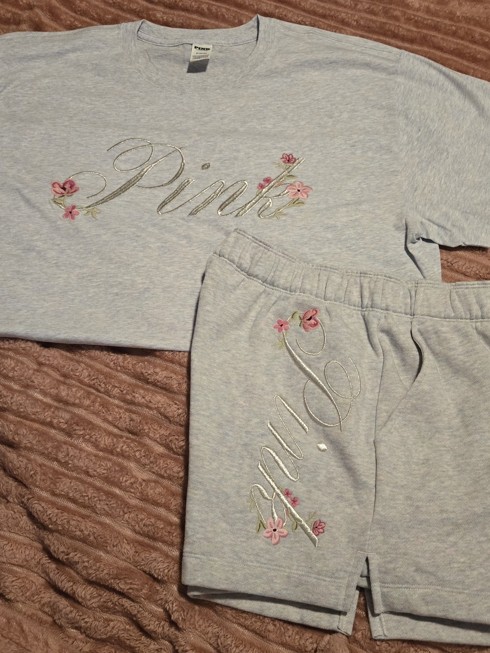 PINK Victoria's Secret Light Gray Lounge Set with Pink Floral Embroidery
